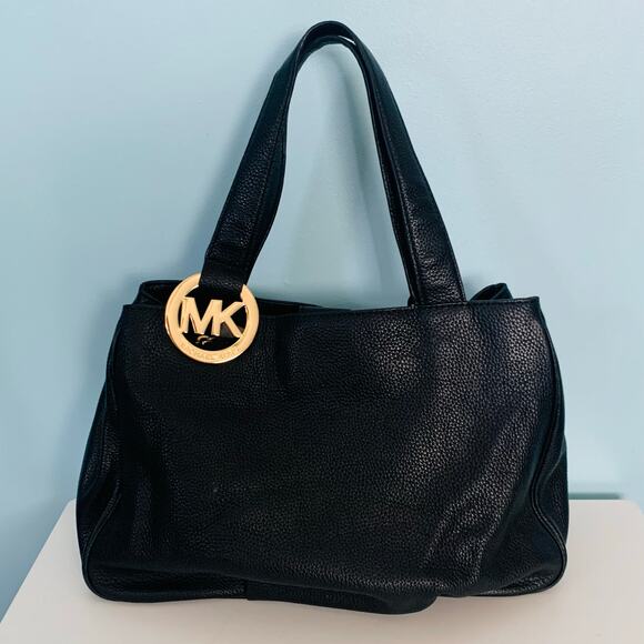 Michael Kors Black Leather Purse with Gold Initials - Picture 1 of 8
